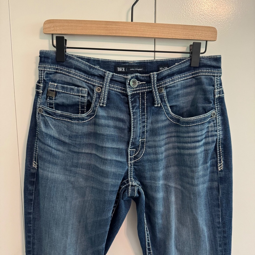 BKE Jake Straight Leg Jeans Mens 30x36 Dark Wash Contrast Stitch Denim